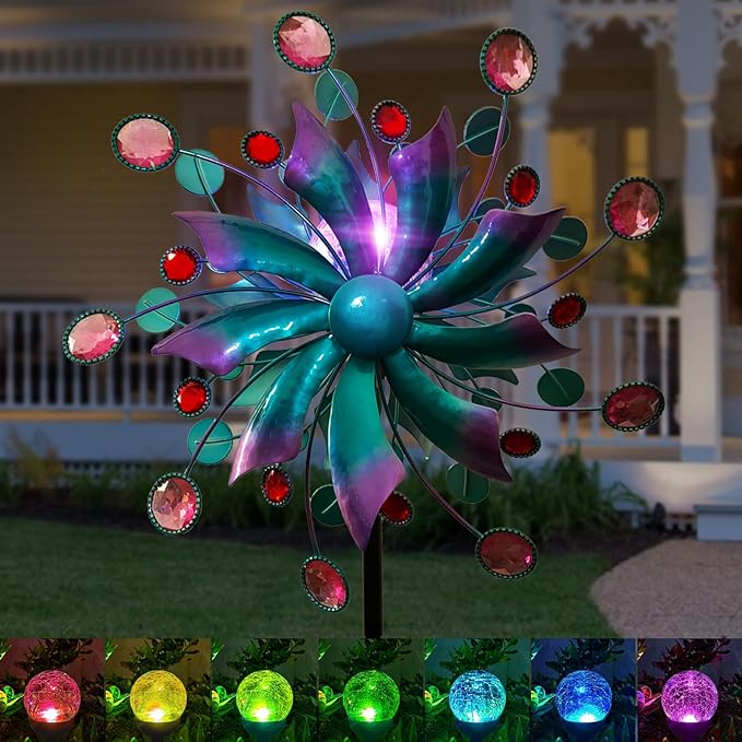 Solar Wind Spinners for Yard and Garden-60.6 Inch 360° Metal Wind Sculptures Outdoor Clearance Kinetic Windmills with Multi Color Led Glass Ball