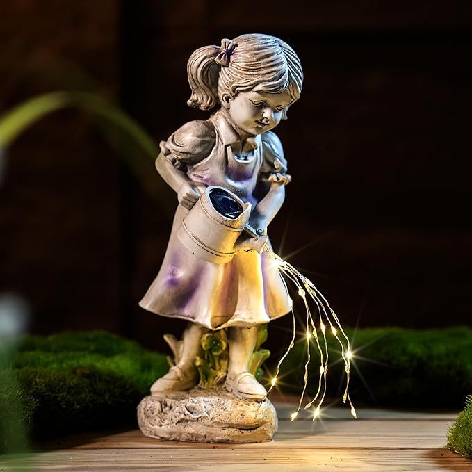 Solar Garden Decor Girl Statue Lawn Ornaments with Solar Watering Can for Outside Yard Porch Patio Balcony Decor Outdoor Gardening Gifts for Women Moms