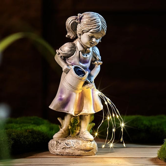 Solar Garden Decor Girl Statue Lawn Ornaments with Solar Watering Can for Outside Yard Porch Patio Balcony Decor Outdoor Gardening Gifts for Women Moms