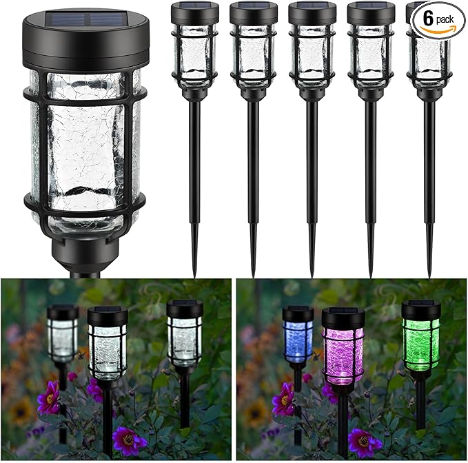 Solar Pathway Lights 6 Pack, Color Changing+Cool White LED Solar Lights Outdoor, Waterproof Solar Crackle Glass Stake Lights for Garden Path Walkway Backyard Lawn Landscape Decoration
