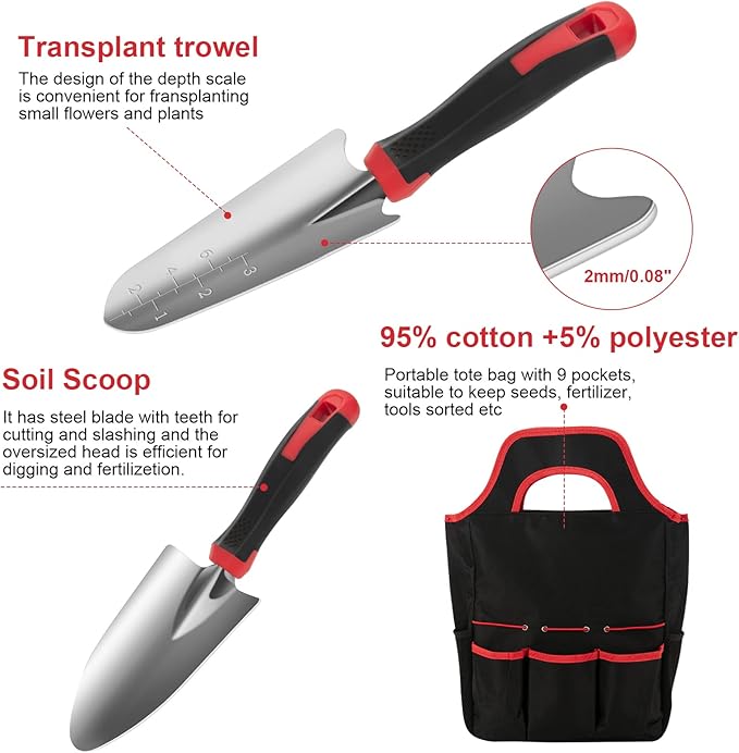 Gardening Tools, MOXILS 9 Pieces Stainless Steel Heavy Duty Tool Set with Non-Slip Rubber Grip, Storage Tote Bag, Outdoor Hand Tools, Ideal Garden Kit Gifts for Parents and Kids.