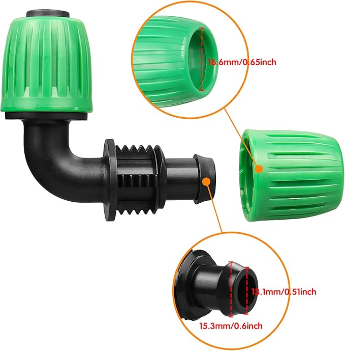 Drip Irrigation Fittings for 1/2 inch Tubing (0.60"-0.63" OD), 12 Pieces Barbed Elbow Drip Parts Locked Elbow Connectors, Drip Line Nuts Connectors for 1/2" Drip Irrigation Hose(Green)