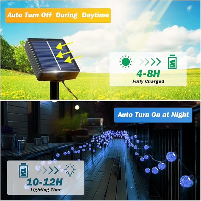 Solar Lights Outdoor Waterproof, 2 Pack Total 120LED 72FT Solar String Lights for Outside w/ 8 Modes, Outdoor String Lights Crystal Globe Patio Lights for Garden Yard Party Decor (Bule)