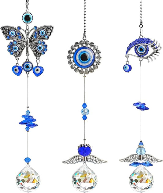 3pcs Evil Eye Suncatchers with Crystal Prism Balls Window Hanging Decoration Ornament Sun Catchers Rainbow Maker Pendant