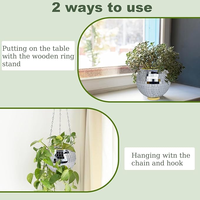Disco Ball Planter, 6" Disco Planter with Hanging Chain & Hook & Ring Stand, Disco Ball Plant Hangers for Indoor and Outdoor Plants, Hanging Plant Holder(Silver, 1 Pack 6")
