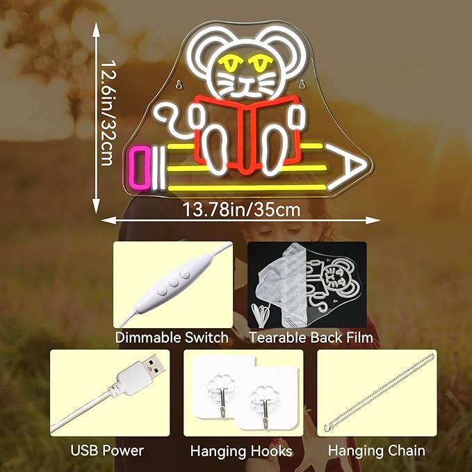 Pencil Mouse Neon Sign Mouse Book Reading Neon Lights for Wall Decor Dimmable Colorful Light Up Sign for Classroom Bookstore Library Bedroom Bookish Museum Teen Gifts (USB Powered 5V/2A)