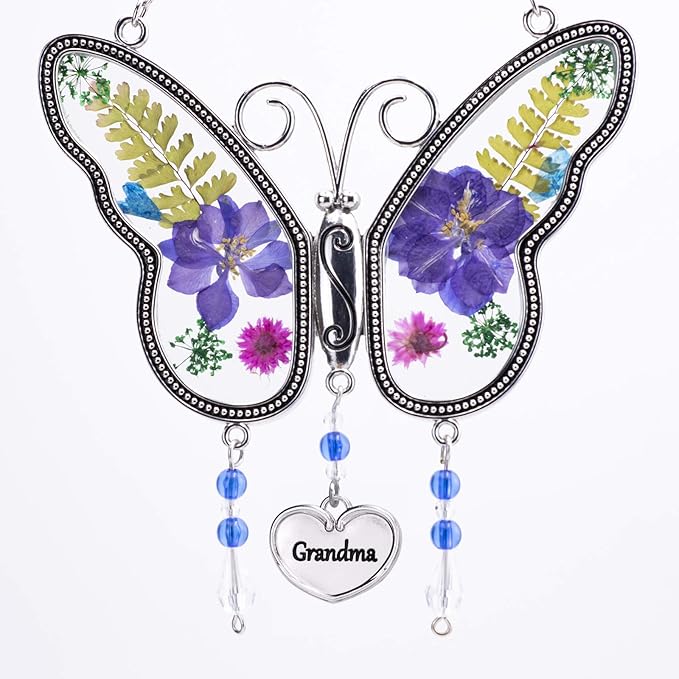 Laraine Butterfly Suncatcher with Pressed Flower Wings Mom Mother's Day Butterfly Glass Wind Chime Ornament Charm with Metal Heart Gifts for Mom Grandma Birthday (Purple Grandma (with Free Hook)