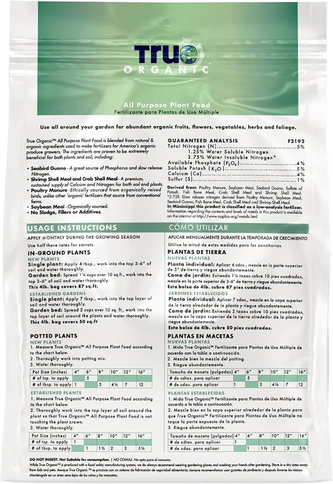 True Organic All Purpose Plant Food – Organic Fertilizer for Fruits, Vegetables, Flowers, and Herbs – 4lb Bag Covers 87 sq. ft.