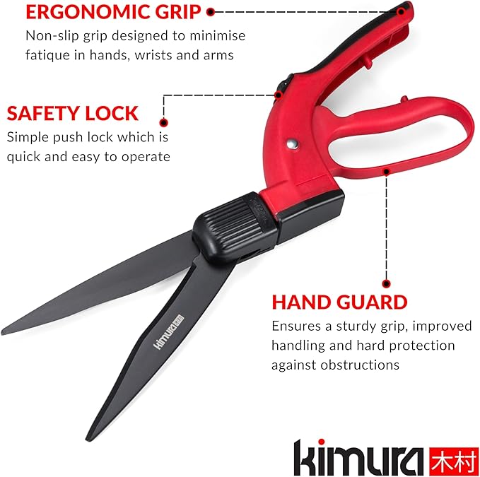 Kimura® Pro Grass Shears - Premium Lawn Shears with 360° Rotating Head, Japanese SK5 Steel Blades, Lightweight, Ergonomic TPR Coated Handles, Garden Shears for Edging and Trimming - 15" Grass Clippers