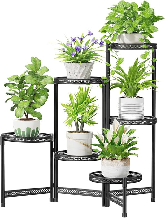 iDavosic.ly 6 Tier Large Plant Stand Indoor with 10 Inch Wide Tray, Tiered Corner Metal Outdoor Flower Display Holder Shelf, Folding Tall Rack for Patio Porch Balcony, Black Iron Carving