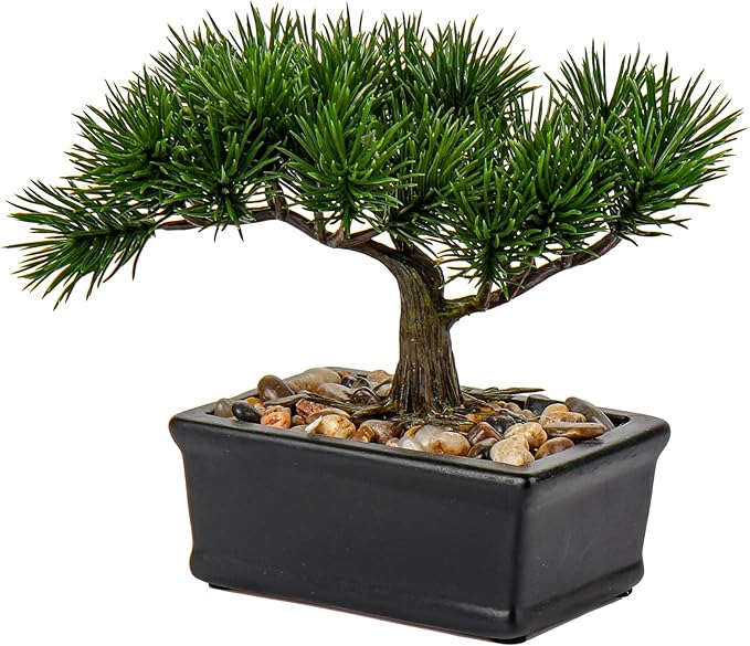 DILATATA Fake Bonsai Tree Zen Juniper Bonsai Plant 6.5” Tall Artificial Bonsai Trees with Black Ceramic Pot Decorated with Pebbles Desk Plant Indoor Bonsai for Home Office Decor
