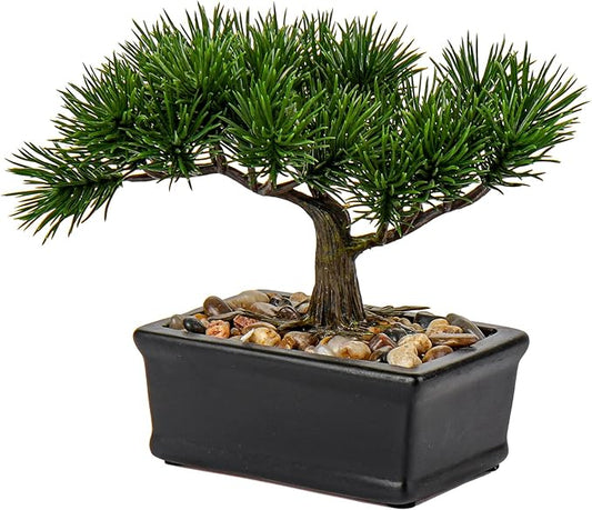 DILATATA Fake Bonsai Tree Zen Juniper Bonsai Plant 6.5” Tall Artificial Bonsai Trees with Black Ceramic Pot Decorated with Pebbles Desk Plant Indoor Bonsai for Home Office Decor