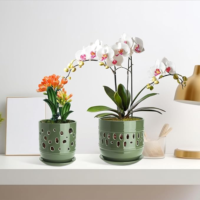 Orchid Pots with Holes, 5+6 Inch Ceramic Orchid Pot, Enhance Good Ventilation and Drainage,Flower Pots for Indoor/Outdoor Plants 2 Pack - Forest Green