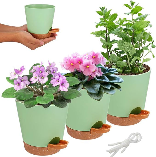 5in Self Watering Pots for Indoor Plants - 3pcs Bottom Watering African Violet Planters with Drainage, Plastic Houseplant Flower Pots for Venus Fly Trap Snake Plant Succulent Garden Live Plants