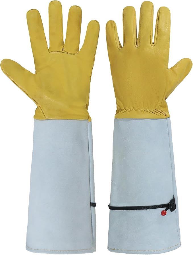 HANDLANDY Rose Gloves for Men & Women, Long Leather Gardening Gloves Thorn Proof, Best Garden Gifts & Tools for Gardener (Yellow-beige, Medium (Pack of 1))