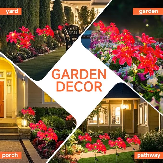 Neporal Solar Flowers Outdoor Waterproof Pink, 4PK 7-Stem Garden Solar Lights Decorative, 2 Lighting Modes, Solar Powered Garden Decor, Solar Yard Decor