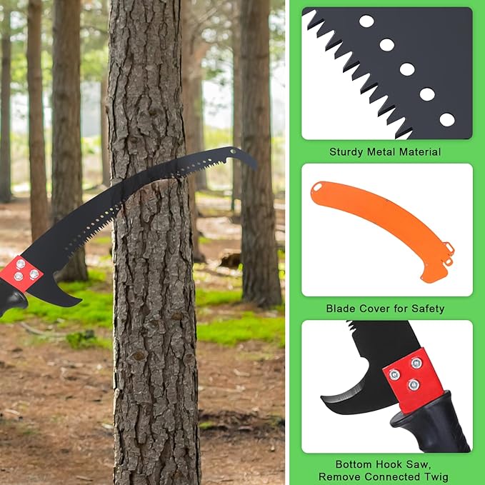 26Ft Manual Pole Saw, Tree Pole Pruner, High Branches Trimmer Saw, Garden Tools Set, Extendable Tree Trimming High And Low, Sharp Blade and Scissors With Storage Bag, Cutting for Palms and Shrubs