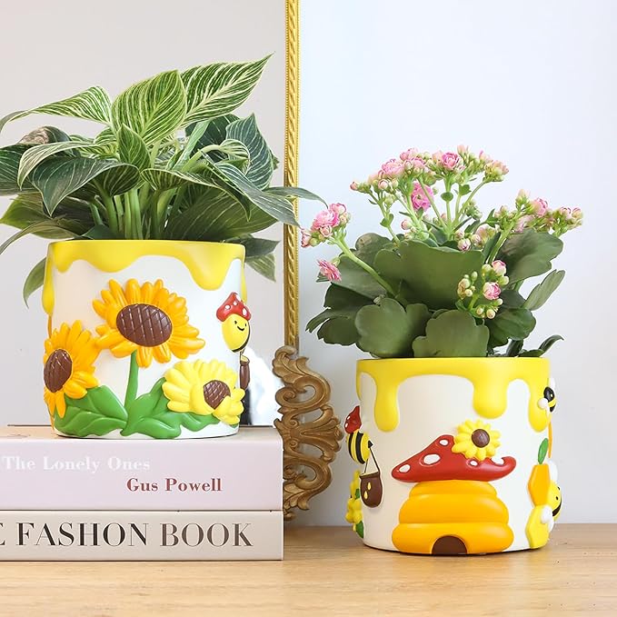 GUGUGO Colorful Bees and Sunflowers Plant Pots, Cute Unique Succulent Planters with Drainage, Rainbow Small Mushrooms Flower Planters Pots for Indoor Plants, Funny Eclectic Home Decor