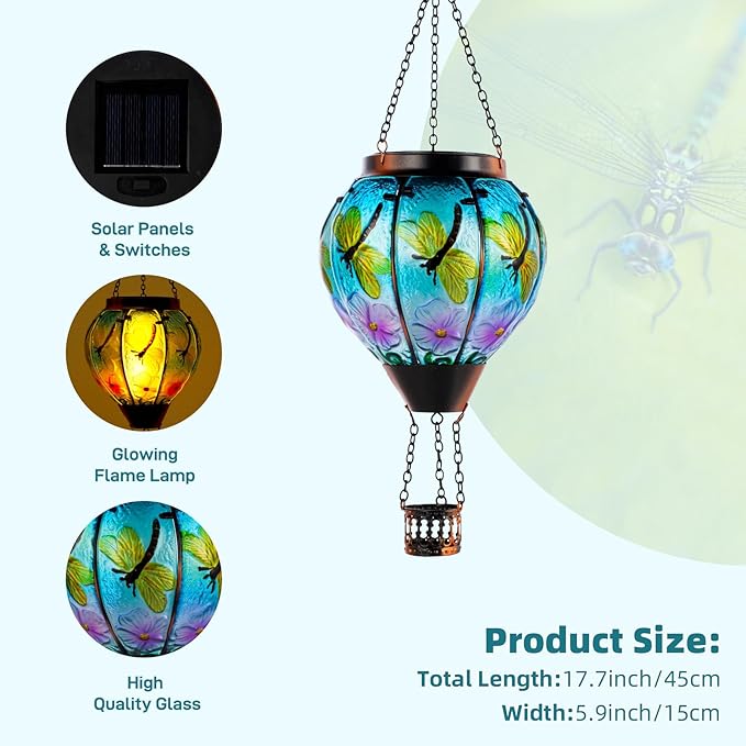 Dragonfly Solar Hot Air Balloon Lantern with Flame, Glass Hot Air Balloon Solar Lantern Outdoor Waterproof, Decorative Hanging Hot Air Balloon Solar Light for Outside Garden Patio Yard