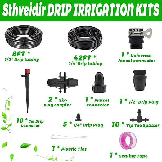 Drip Drop Irrigation System Kit, 50 Ft Automatic Drip Irrigation Kit for Watering Plant, Greenhouse Sprinkler System Kits, Patio Garden Sprinkler with 1/2in,1/4in Drip Irrigation Tubing