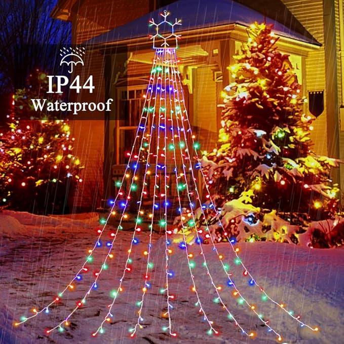 Outdoor Christmas Decorations String Lights, 320 LED 11.5 Ft Waterfall Tree Lights with Snowflake Topper 8 Lighting Modes Christmas Lights for Indoor Outdoor Yard Home Festival Xmas New Year Decor