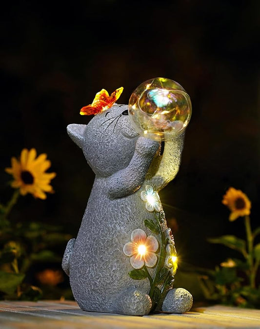 Goodeco Solar Cat Garden Statue - Outdoor Cat Decor with Solar Butterfly & Succulent Flowers LED Lights for Cat Lovers and Garden Enthusiasts - Ideal Gifts for Mom & Birthdays