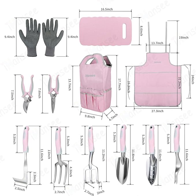Pink Garden Tool Set 12 Pieces, iHansee Aluminum Gardening Hand Tools with Non-Slip Handle, Kneeling Pad, Apron, Gloves and Organizer Bag, Landscaping Tools - Gift for Women & Garden Enthusiasts