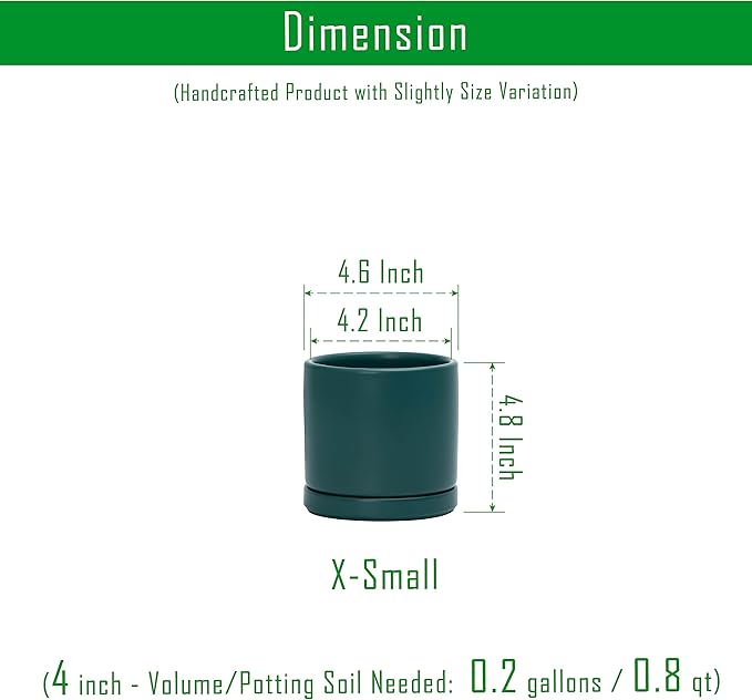 D'vine Dev 4.6 Inch, Ceramic Planter Pot with Drainage Hole and Saucer, Indoor Cylinder Round Planter Pot, Teal, 94-O-B-9