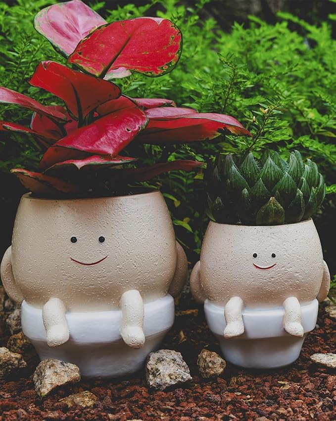 Smily Face Planter Pot Funny Toilet Plant Pots Cute Resin Flower Head Planters Succulent Pots for Indoor Outdoor Plants Unique Bathroom Planter with Drainage Hole (Large)