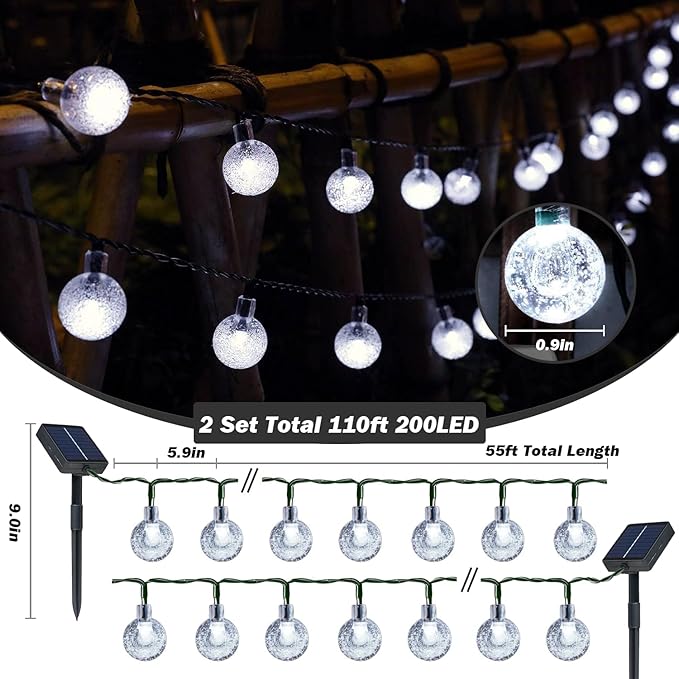 Solar Lights Outdoor Waterproof, 2 Pack Total 200LED 110FT Solar String Lights for Outside w/ 8 Modes, Outdoor String Lights Crystal Globe Patio Lights for Garden Yard Party Decor(Warm White)