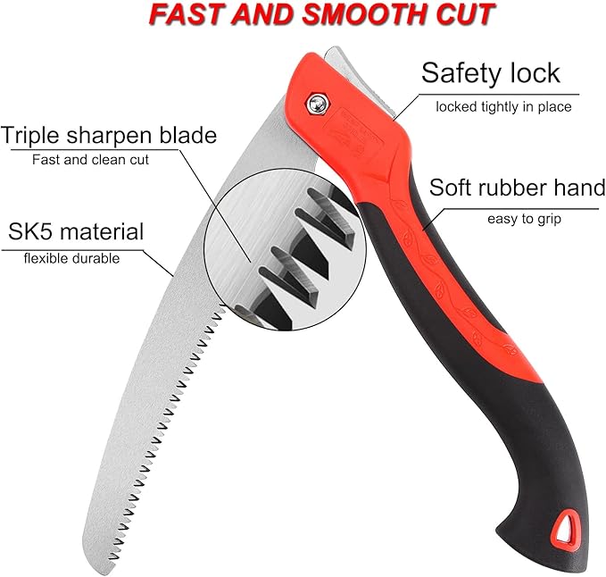 10 Inch Heavy Duty Pruning Saw, Folding Hand Saw with SK5 Curved Blade, Triple-cut Razor Teeth Used for Trees Wood Cutting Camping Gardening Work, Hiking, Landscaping, Tree Trimming