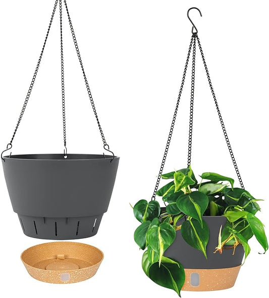 QCQHDU 2 Pack 10 inch Hanging Planters for Indoor Plants, Outdoor Hanging Baskets, Self Watering Pots with Drainage Holes & Removable Tray (Dark Grey, 10 inch)