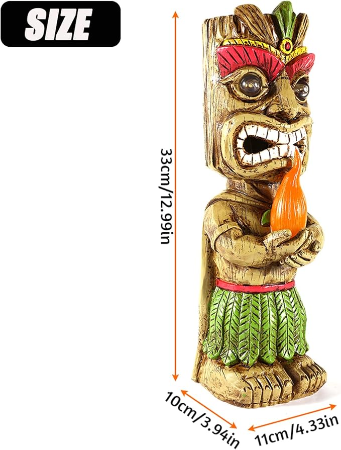 13" Tall Solar Torch Tiki Garden Statue, Resin Large Tiki Decor Figurine with Solar Lights, Hawaiian Tiki Man, Outdoor Patio Yard Lawn Bar Party Beach Pool Pond Decoration, Valentine's Day Gift