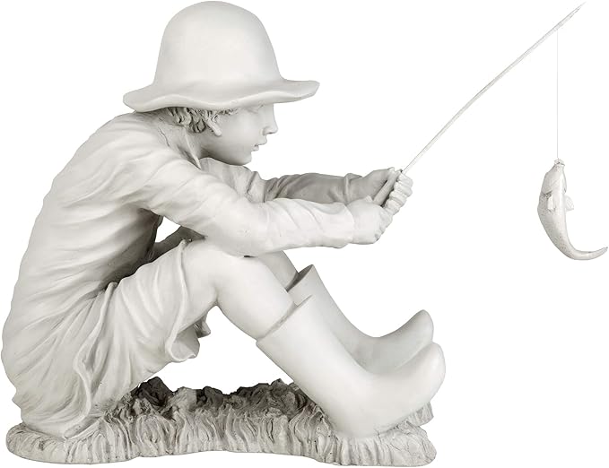 Design Toscano Gone Fishing Fisherman Boy Garden Statue, 17 Inch Tall, Cast Stone Resin, Two Tone Stone Finish
