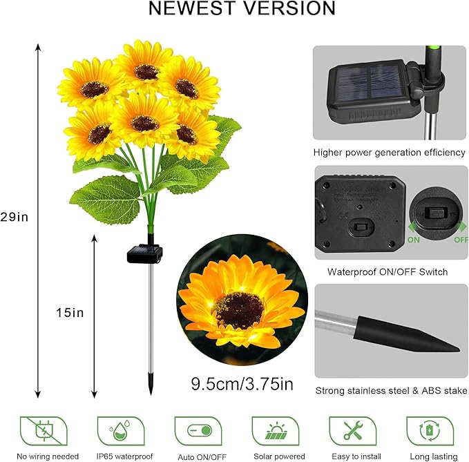 YJFWAL 2 Pack with 12 Solar Sunflower Lights Outdoor Decorative Lights for Garden Gift for Mom and Friends, IP65 Waterproof Sunflower Garden Stake Lights for Yard Patio Lawn Pathway