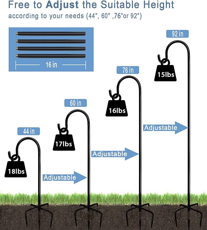 92 Inch Outdoor Shepherd Hooks with 5 Pronger Base (2 Packs), Adjustable Heavy Duty Garden Hanging Stand Holder for Bird Feeders Lanterns Planter Hanger, Matte Black