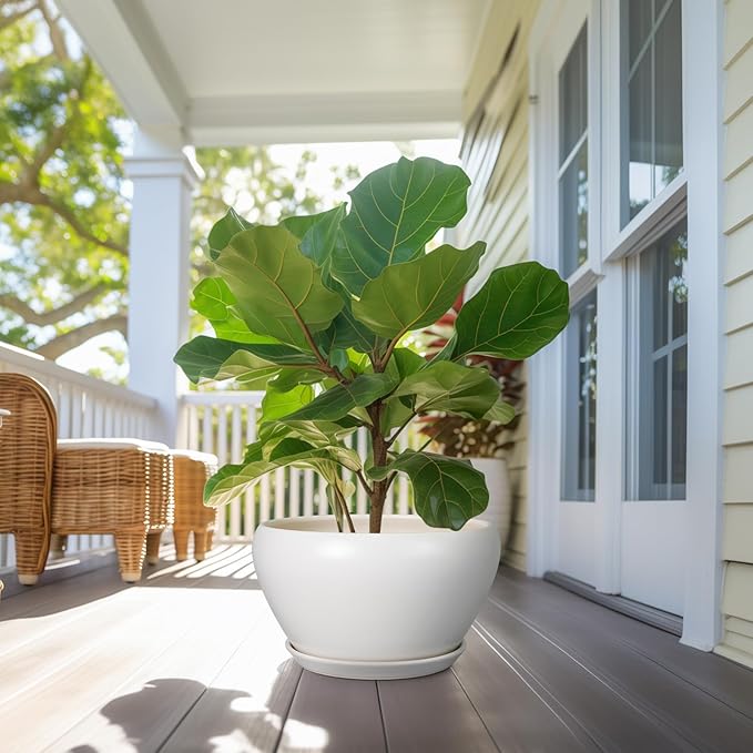 Planter for Indoor Plants 13 Inch - Ceramic Plant Pot with Drainage Hole and Saucer Decorative Round Large Planter Pot for Plants Outdoor Flower Pot for Room Decor White