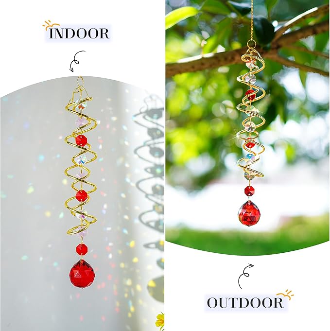 H&D HYALINE & DORA 17.7in Crystal Suncatcher Gazing Ball Spiral Tail,Wind Spinner Sun Catcher with Octagonal Beads,Sun Catchers Window Hanging for Outdoor Garden Decor