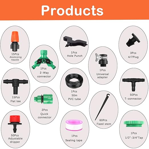 Drip Irrigation System, Irrigation System with 165FT 1/4 Inch Distribution Tubing, DIY Saving Water Garden Watering System, Automatic Drip Irrigation Kits for Garden, Greenhouse, Lawn, Patio