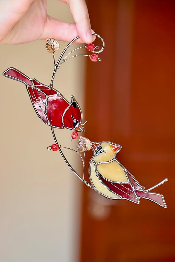 Cardinal Stained Glass Suncatchers for Windows Hanging Decorative,Couple Red Love Birds Sun Catchers for Christmas Ornaments,Real Stained Glass Cardinal Memorial Gifts for Women/Mom