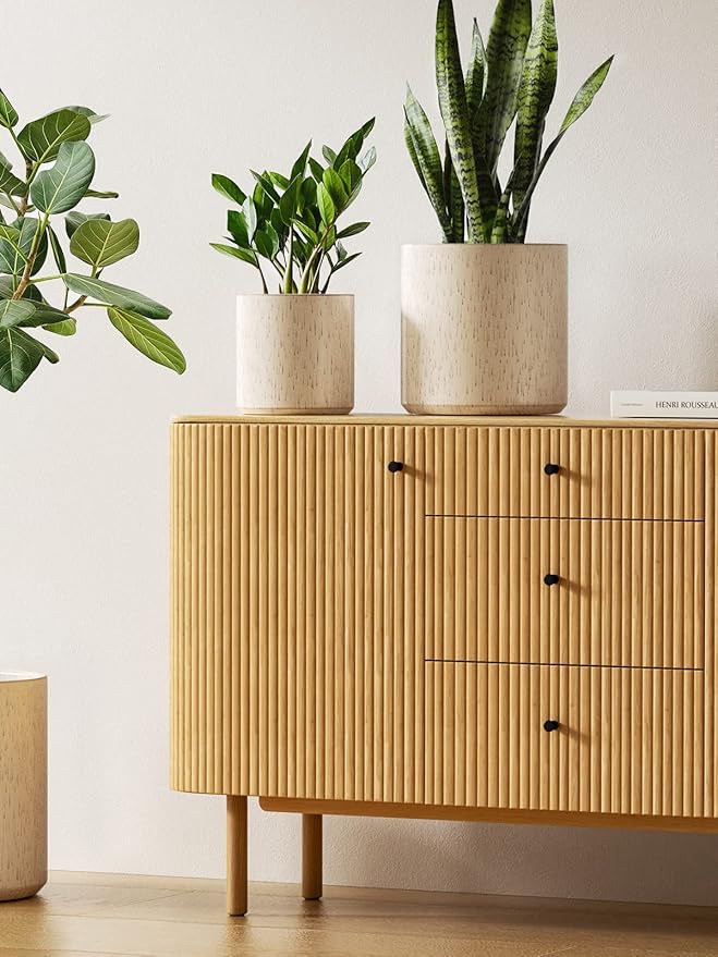 LE TAUCI Ceramic Plant Pots, 10 + 8 + 6 Inch, Planters for Indoor Plants, Mid-Century Modern Flower Pots with Drainage Hole, Cylinder Round Pots for Plants, Set of 3, Glaze Beige