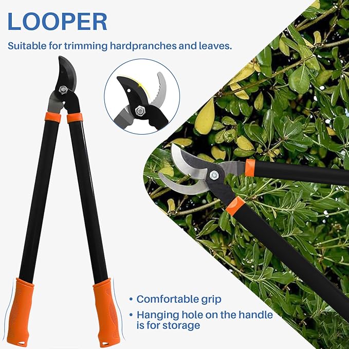 ECOOPTS 3PCS Garden Tool Set with Lopper, Hedge Shears and Bypass Pruner, Heavy Duty Tree & Shrub Care Kit, Tree Trimmer Gardening Tools for Indoor & Outdoor Gardening