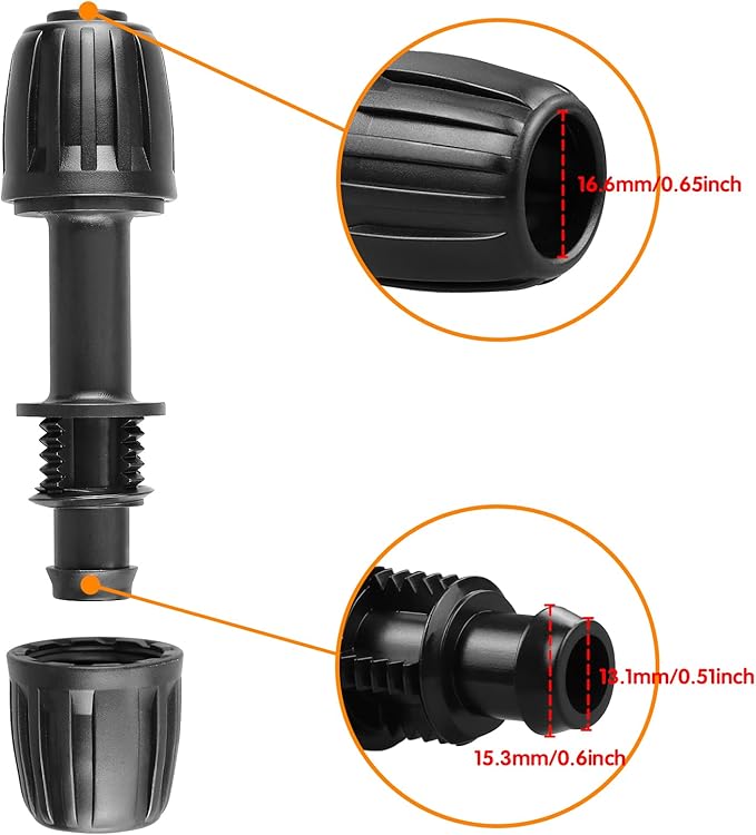 Drip Irrigation Fittings for 1/2 inch Tubing (0.60"-0.63" OD), 12 Pieces Barbed Coupling Drip Parts Locked Coupler Connectors, Drip Line Nuts Connectors for 1/2" Drip Irrigation Hose (13mm ID)