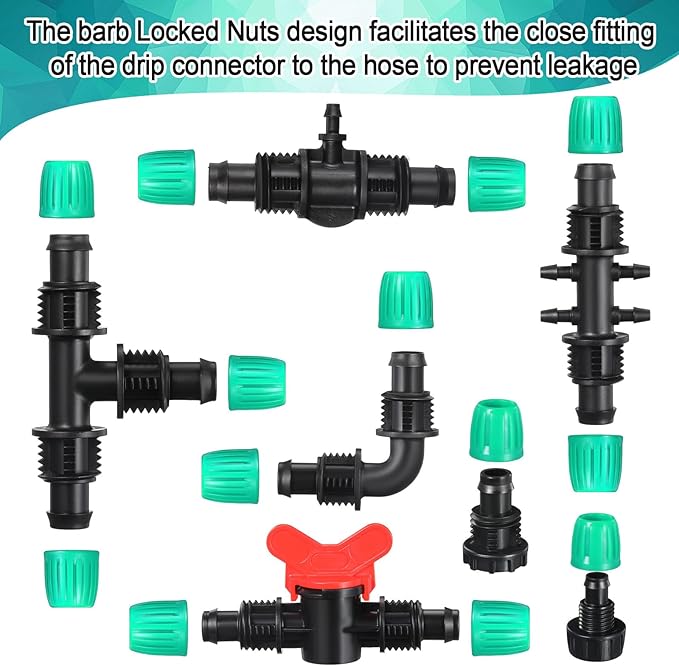 40 Pcs 1/2" Tubing Irrigation Fittings Kit 1/2 ID x 0.6-0.63 OD 16 mm Drip Irrigation Barbed Connectors Include 6 Switch Valves 18 Barbed Tee 8 Ends 4 Adapters 4 Elbows (Black and Green)