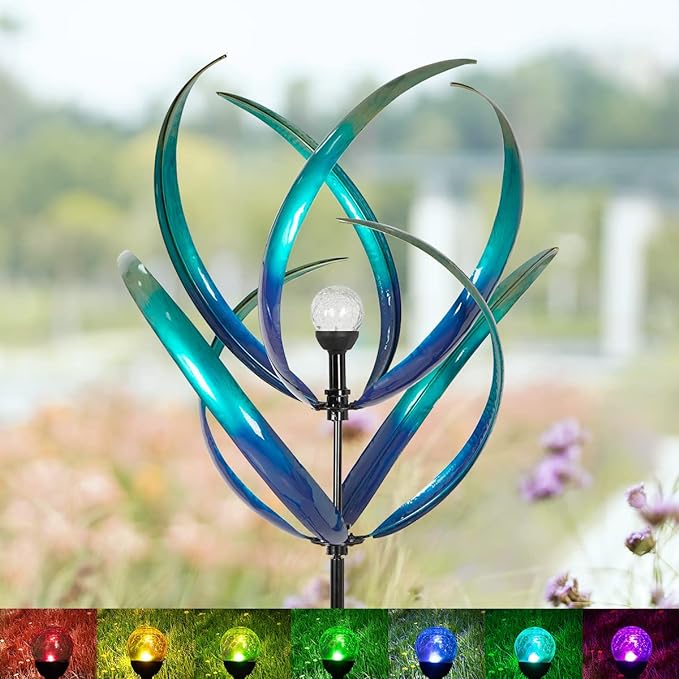82 inch Wind Spinners Outdoor - Extra Large Outdoor Metal Wind Sculptures Spinners with Solar Light, Windmills for The Yard Garden, Yard Art Garden Lawn Decor - Peacock Blue