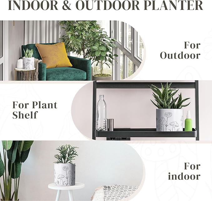 Mushroom Ceramic Plant Pot Set of 2, 5 Inch Modern Stylish White Round Flower Pots with Drainage Holes, Planter Decor for Indoor-Outdoor Plants Spider Plant, Pothos, Gift for Woman and Friends