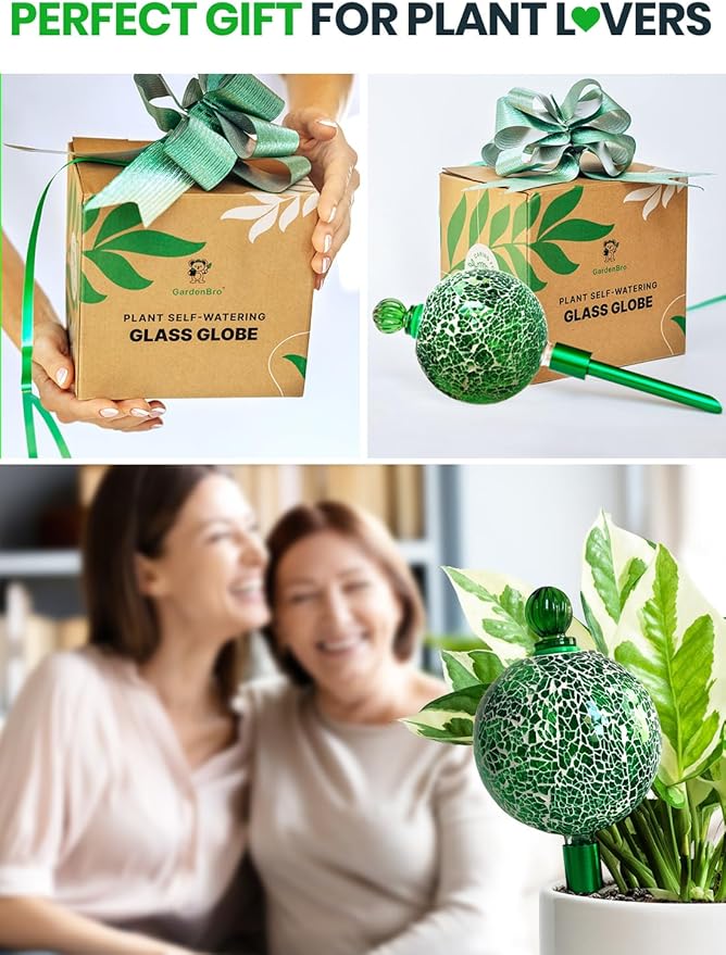 16 Oz Plant Watering Globes For Indoor Plants With Metal Self Watering Planter Insert - Premium XL Glass Hand-blown Globes - Automatic Indoor Planter Waterer, Gift Idea For Gardeners [1, Mosaic]