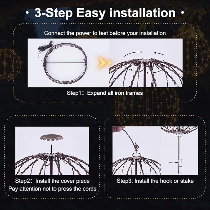 Christmas Ball Light Sphere, 16IN 128LED Hanging Tree Light and Pathway Lights with Hook and Stake, Foldable Metal Frame Light Ball for Outdoor Garden, UL Listed, Brown Frame, Warm White