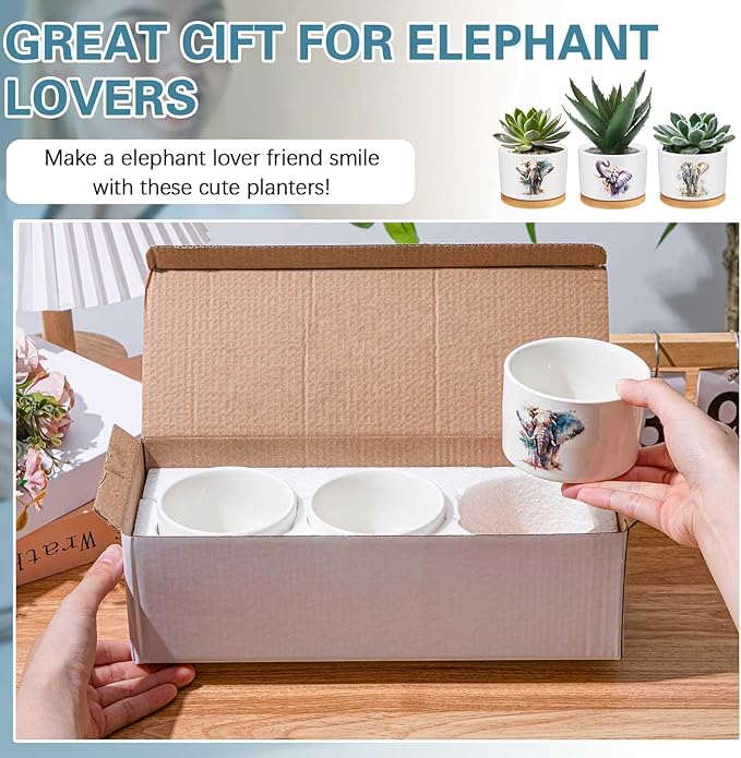 3 Pcs Elephant Decor Gift for Christmas Women Planter Ceramic Gift Animal Plant Pot with Bamboo Tray for Office Home Farm House Bathroom Kitchen Decorations (No Plants Included)