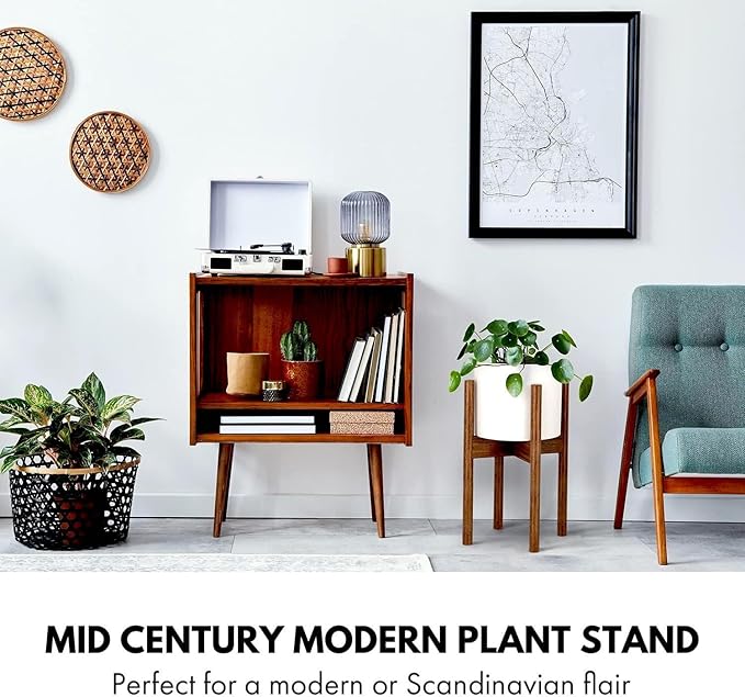 Fox & Fern Adjustable Plant Stand Indoor — 8 to 12 Inch Mid Century Bamboo Plant Stand with Adjustable Width; Plug In Design; Easy to Assemble; Two Height Options - For 8, 9, 10, 11 & 12 Inch Pots